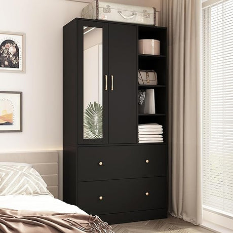 Wardrobe Armoire Closet with 2 Doors, Wooden Wardrobe Cabinet with 2 Drawers