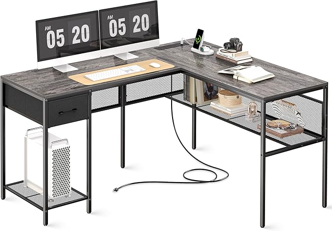 L Shaped Desk with Power Outlets, Computer Desk with Drawer, Reversible Corner Desk wi