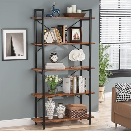 5 Tier Bookshelf, Industrial Etagere Bookcase with Metal Frame, Rustic Tall Book Shelf