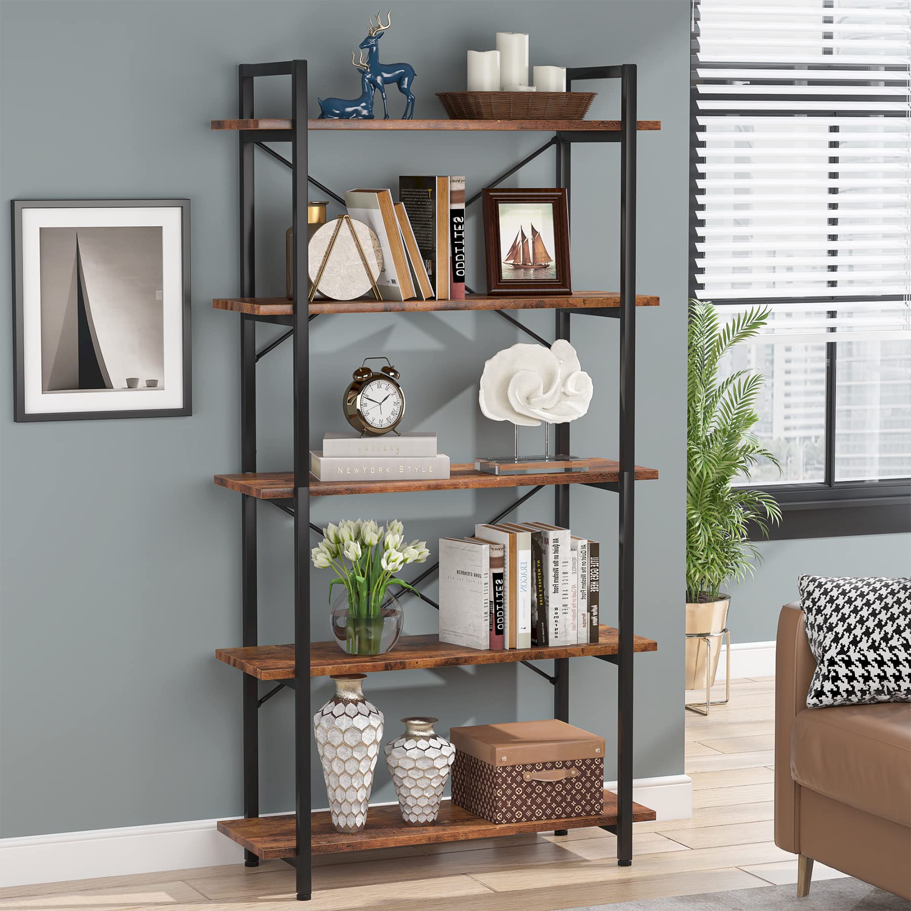 5 Tier Bookshelf, Industrial Etagere Bookcase with Metal Frame, Rustic Tall Book Shelf