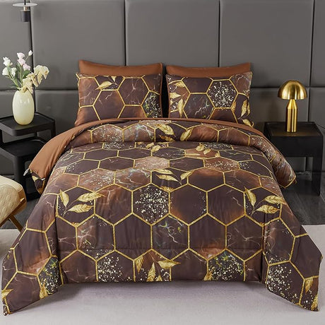 7 Pcs White Marble Bedding Comforter Set California King, Hexagon Honeycomb