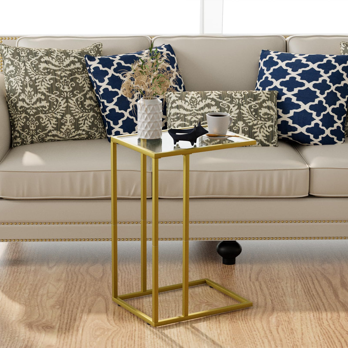 C Shaped Glass End Table, Small Gold Sofa Side Table, Narrow Snack Side Table