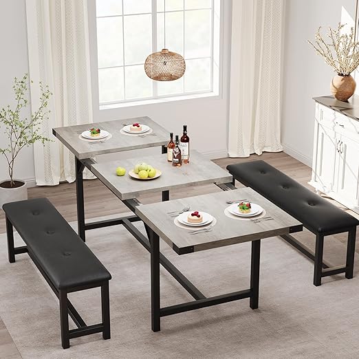63" Extendable Dining Table Set with Upholstered Benches