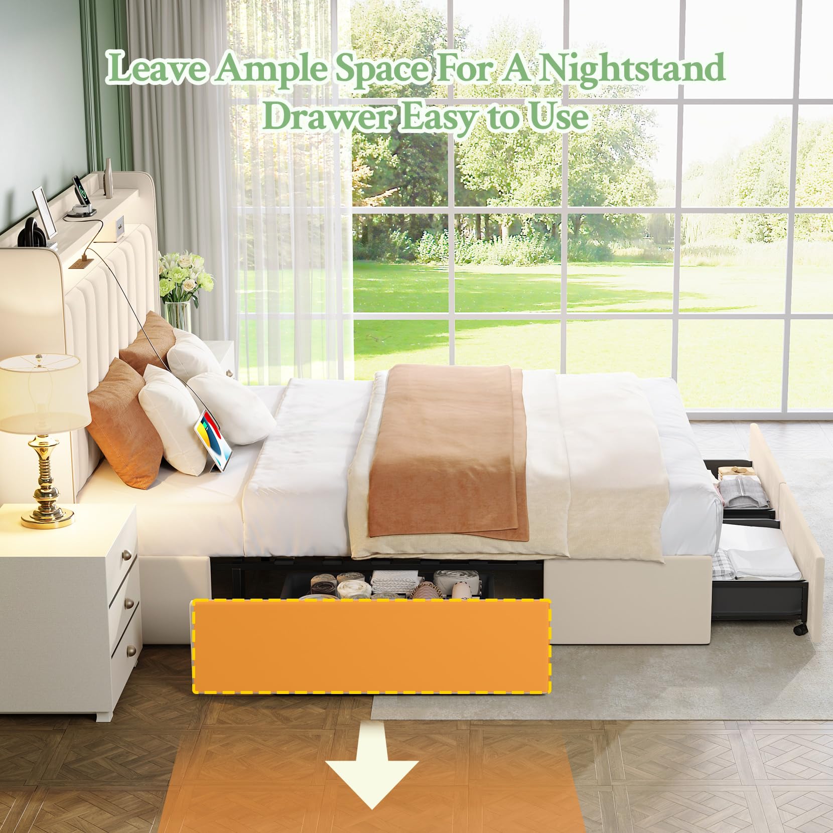 Queen Platform Bed Frame with Storage Drawers & LED Headboard