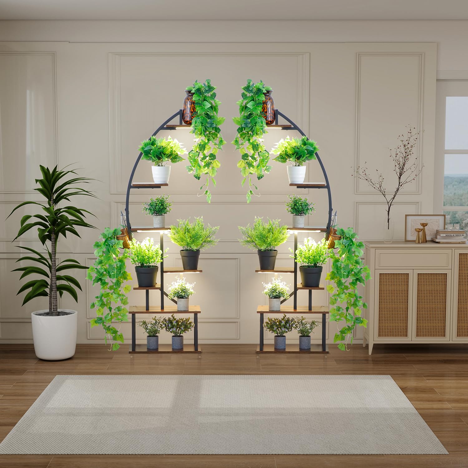 2 Pack Plant Stand Indoor with Growing Light, 7 Tier Tall Metal, Half Moon Shape Large Plant Shelf