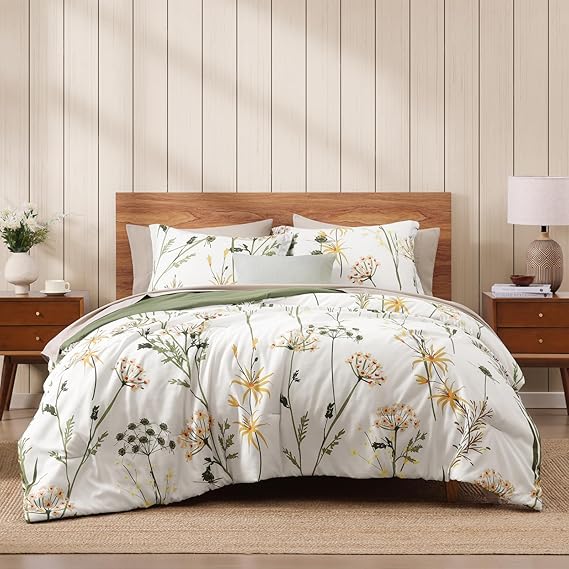 Queen Comforter Set - 7 Piece Blue Tropical Leaves Bedding Collection