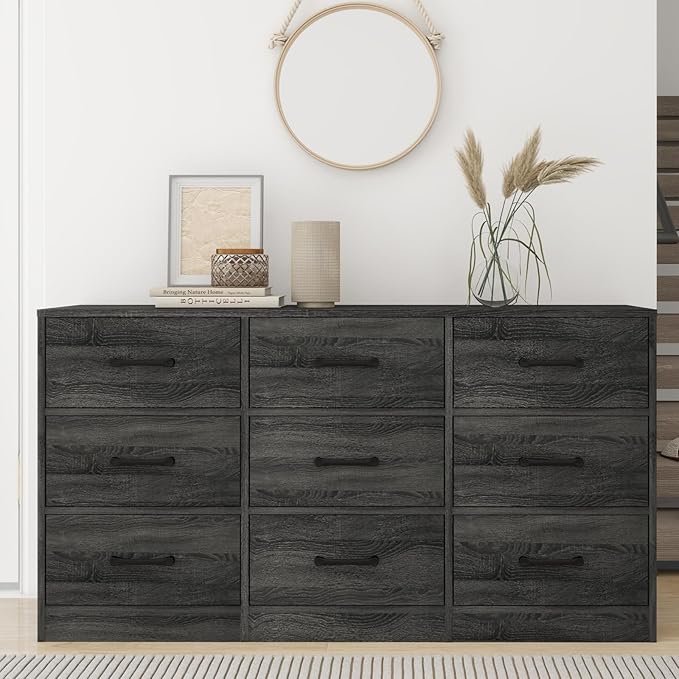 9 Drawer Dresser for Bedroom,Wood Chest of Drawers,Grey Dresser TV Stand with Steel Frame for Storage and Organization,Large Fabric Dresser for Kids Bedroom,Living Room,Nursery,Closet