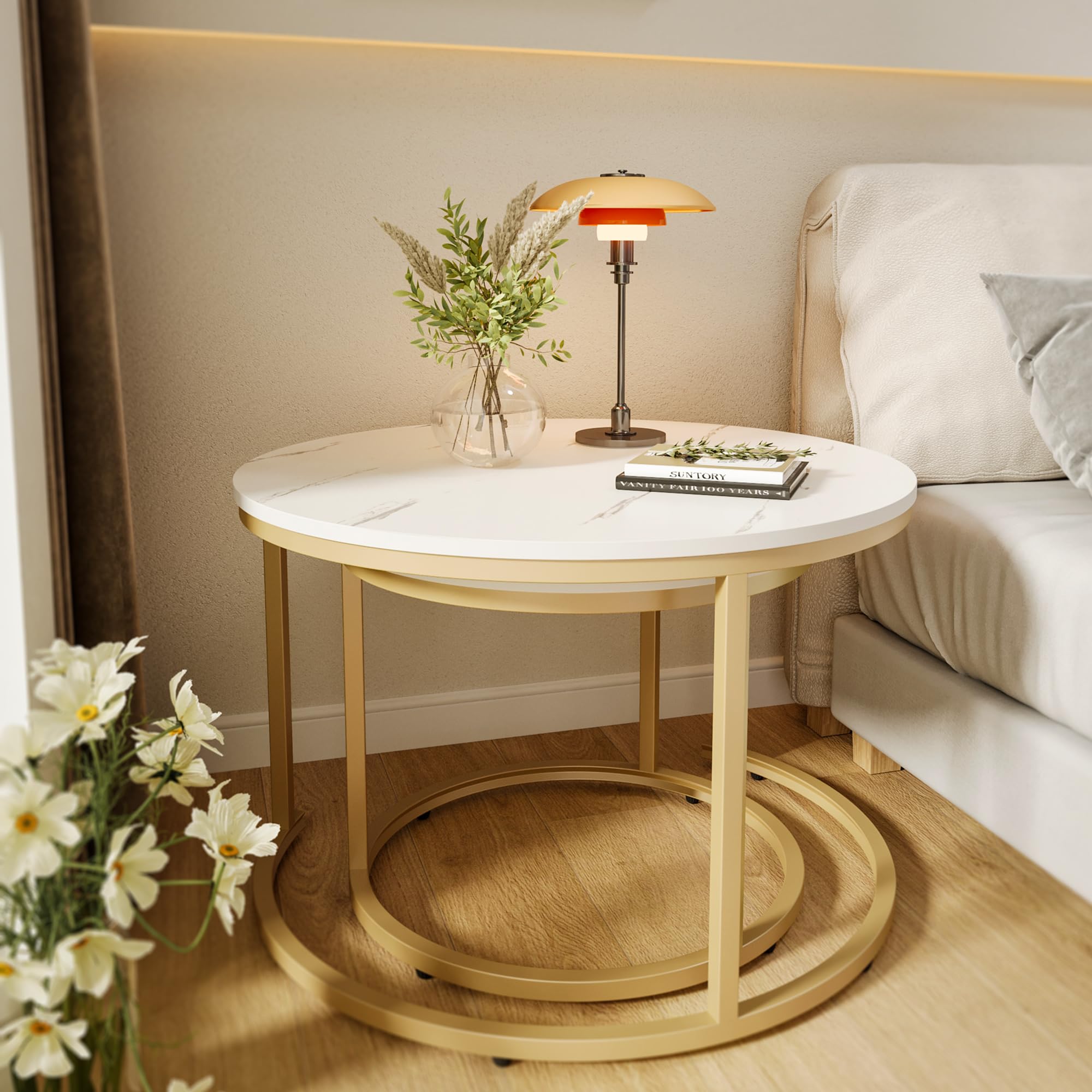 27.5" Nesting Coffee Table,Round Marble Coffee Table Set of 2