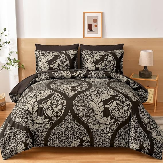 Grey Comforter Set Queen Size, 7 Pieces Bohemian Damask Comforter Set