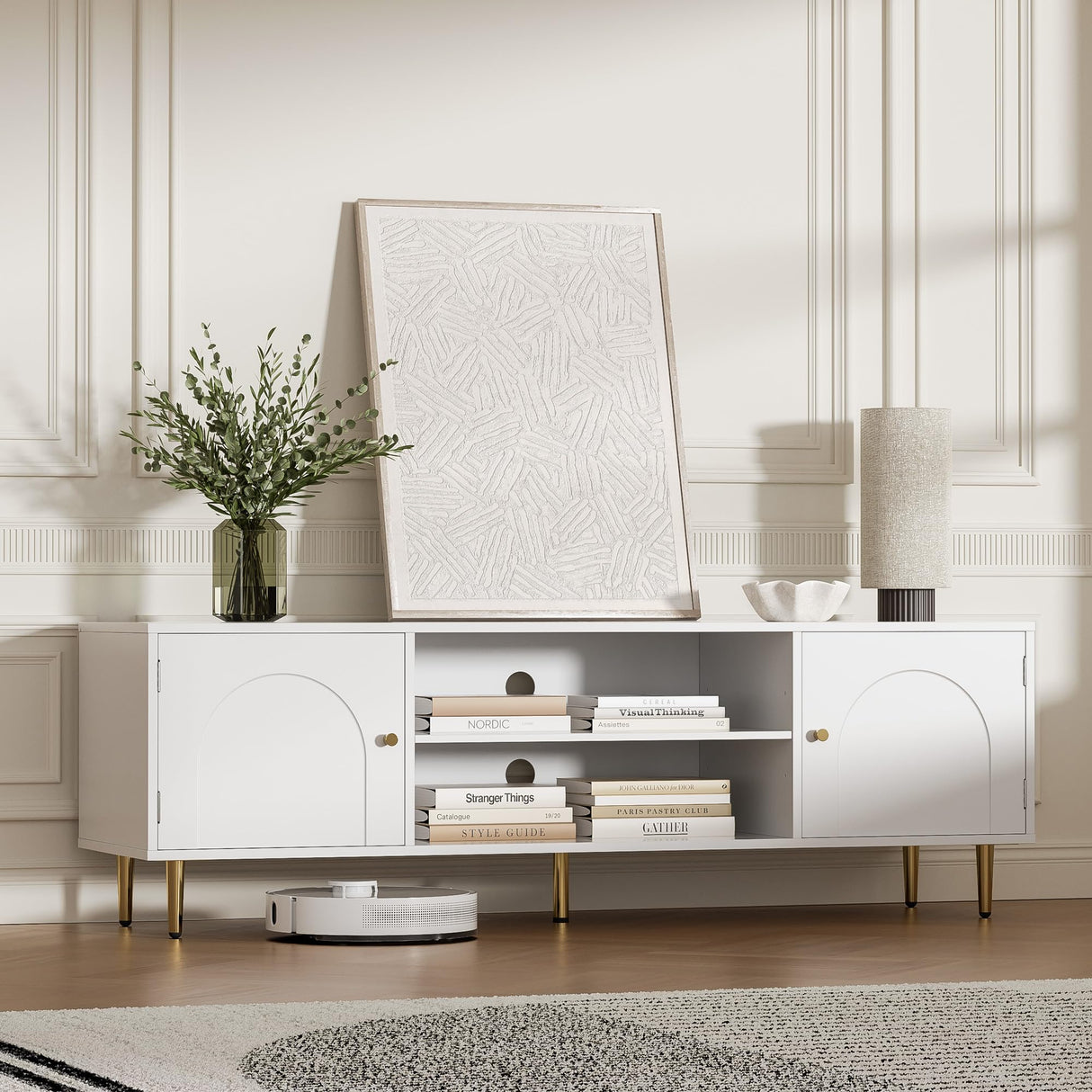 Housoul Modern TV Stand for 50/55/60 inch TV, TV Stand with Doors, Entertainment Center with Adjustable Shelf and Storage Cabinets, TV Media Console for Living Room, Bedroom, White