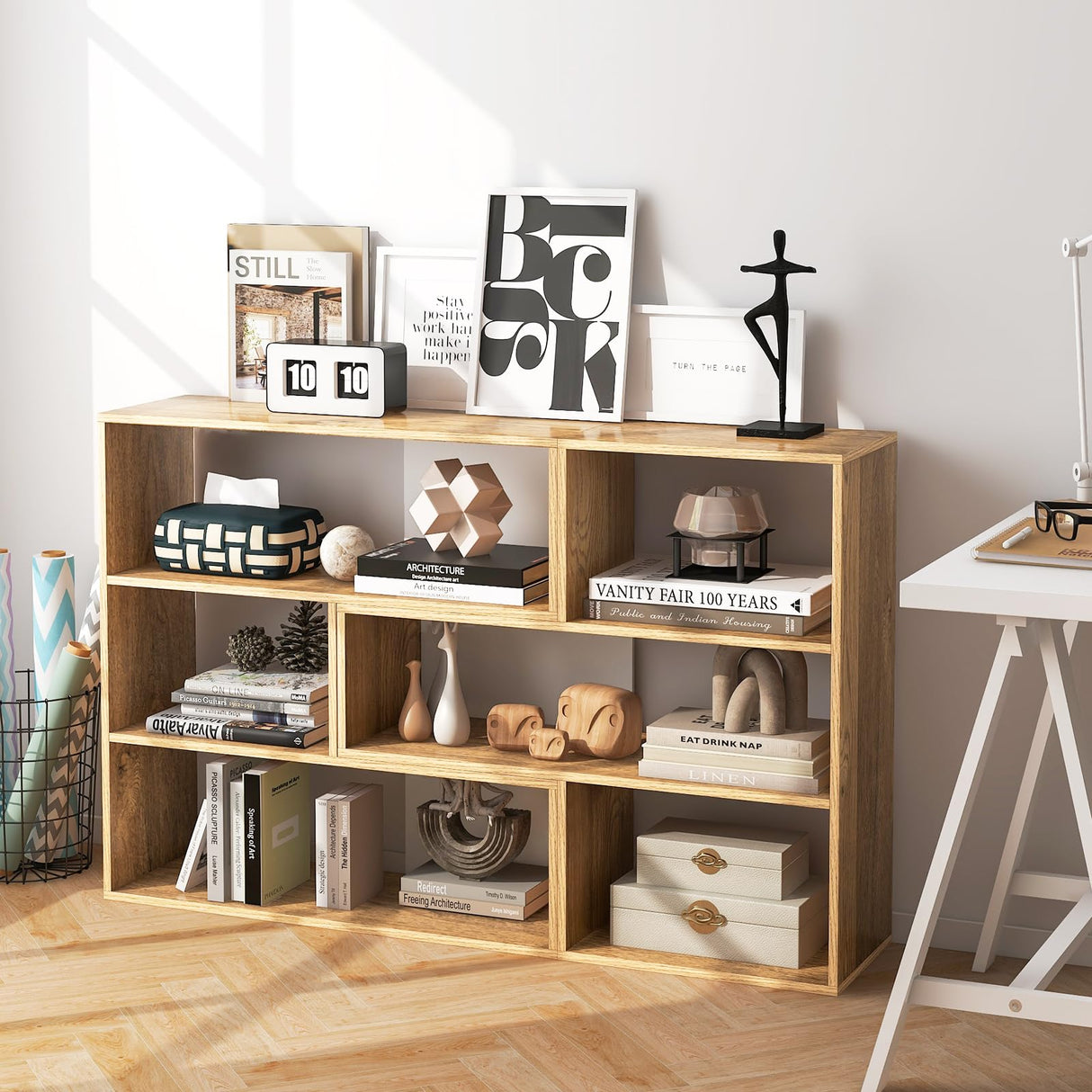 6 Cubes Bookcase, 2-Piece Separable Floor Standing Open Horizontal Bookshelf