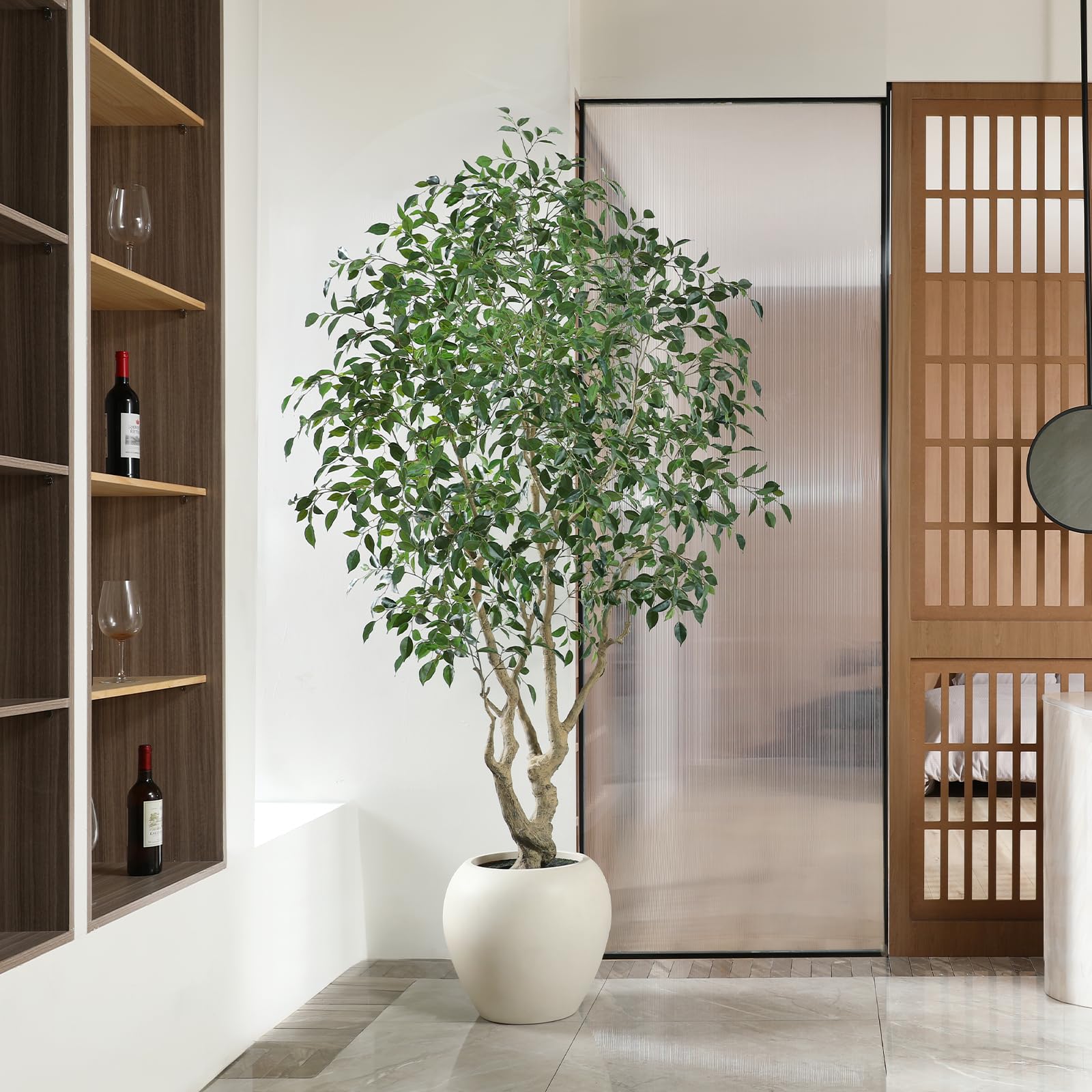 Ficus Tree Artificial Indoor, 8 Feet Tall Faux Ficus Tree with Round Artisan Planter