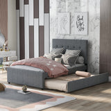 l Size Linen Upholstered Platform Bed Frames with Quiet Trundle Bed, Mid-Century Modern
