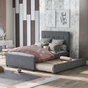 l Size Linen Upholstered Platform Bed Frames with Quiet Trundle Bed, Mid-Century Modern