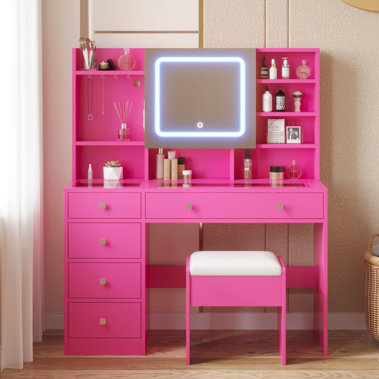 Vanity with Lighted Mirror Bedroom Vanity Desk with Charging Station Large Vanity Set with Transparent Desk, Drawers, Cabinet, Shelves for Storage in Bedroom, Pink