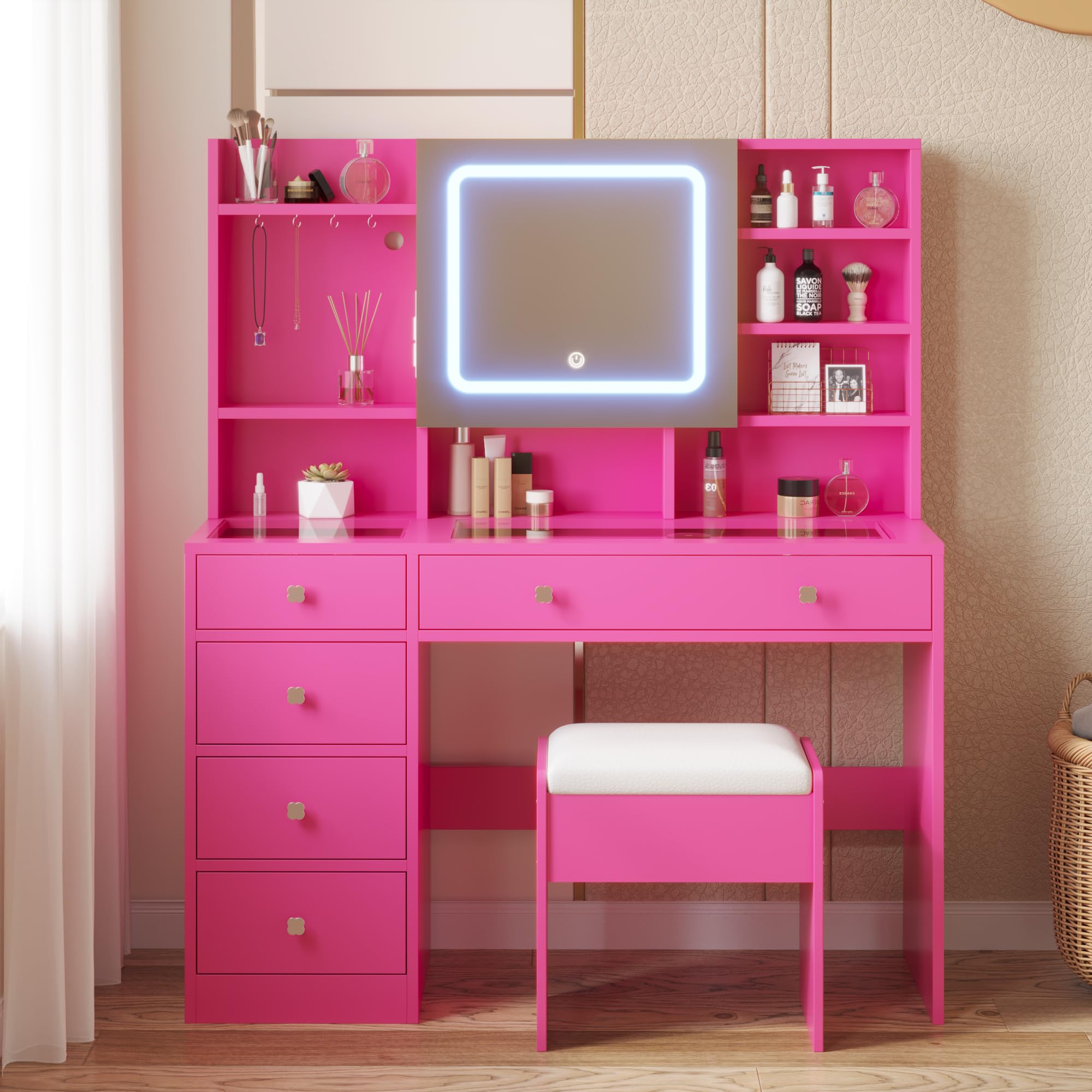 Vanity with Lighted Mirror Bedroom Vanity Desk with Charging Station Large Vanity Set with Transparent Desk, Drawers, Cabinet, Shelves for Storage in Bedroom, Pink