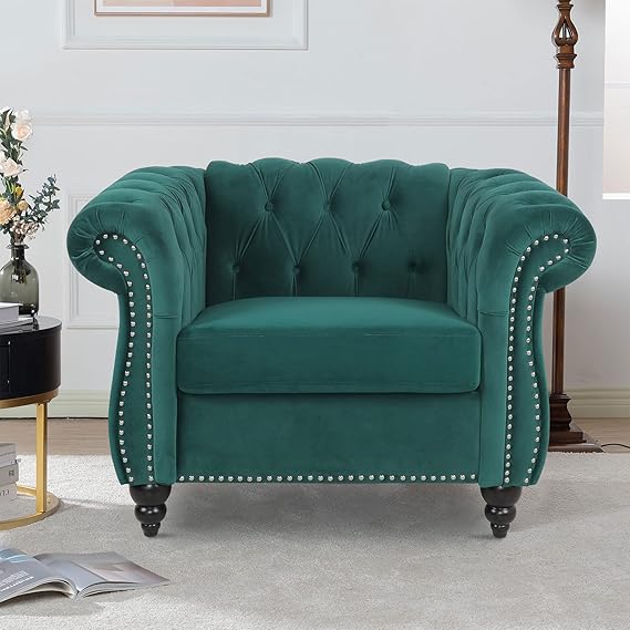 Velvet Chesterfield Chair, Mid-Century Modern Single Sofa Chair