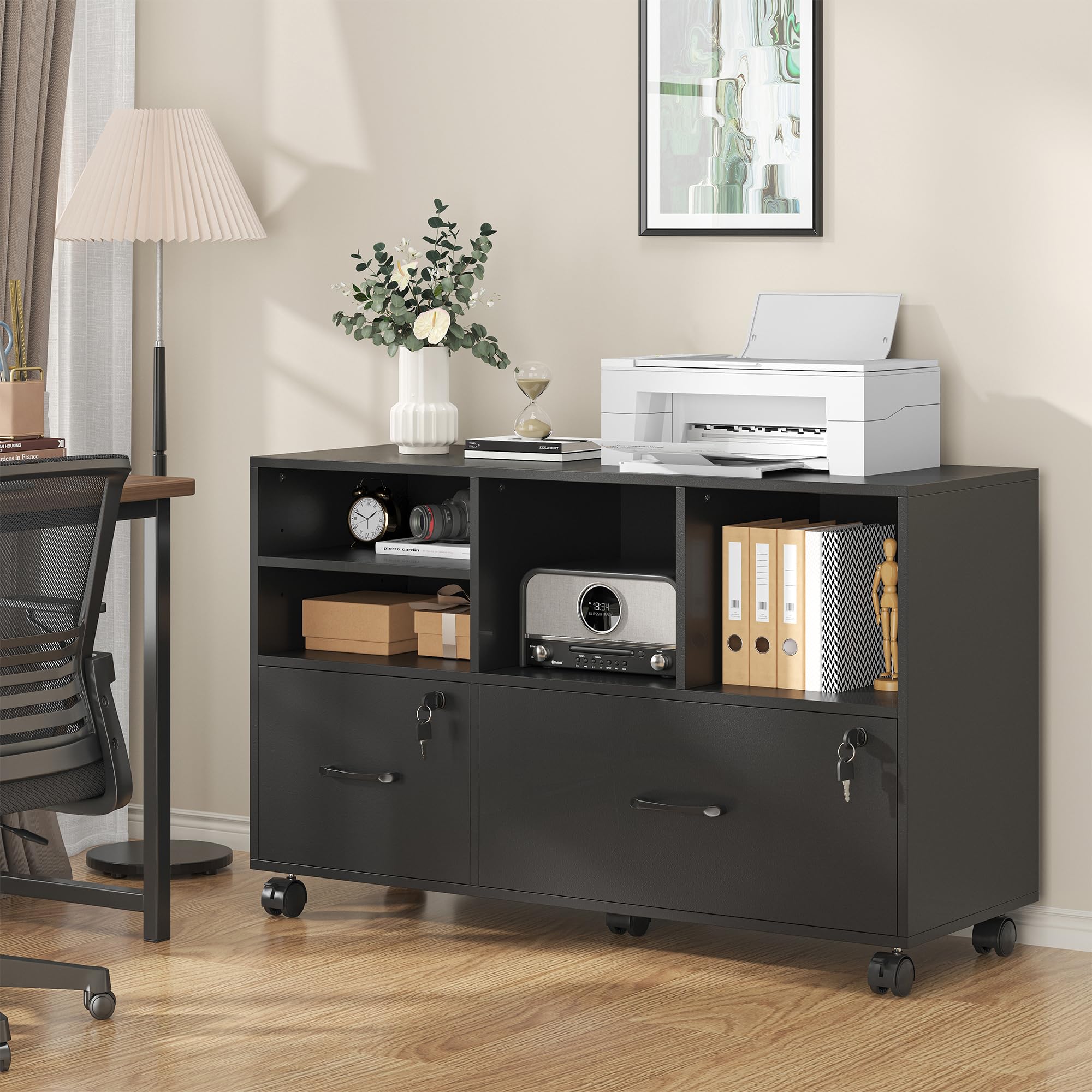 2 Drawer Wood Mobile Large Lateral File Cabinet with Lock, Lockable Rolling Filing Cabinet with Storage Shelves,