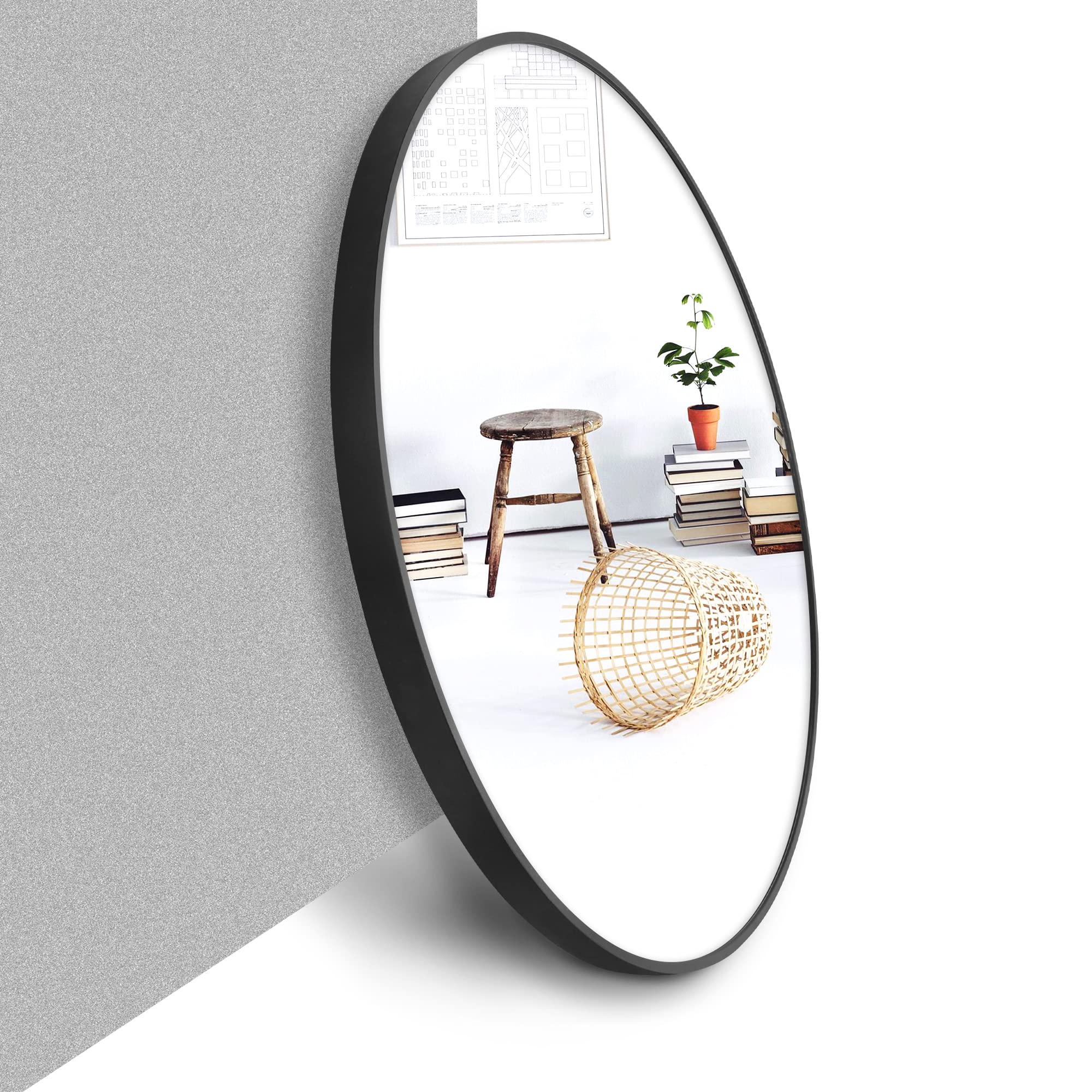 36 Black Round Mirror, Aluminum Framed Circle Wall Mounted Mirror, Circular Vanity Mirror,