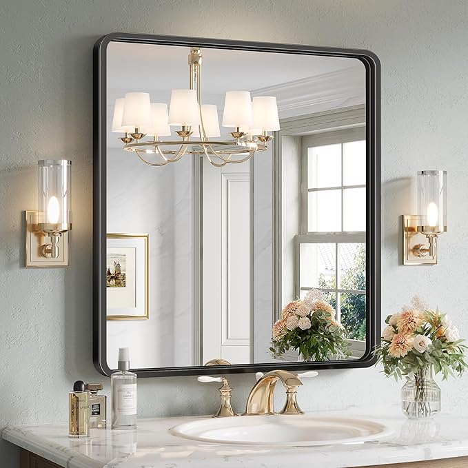 Silver Bathroom Mirror for Wall, 24x36 Inch Rectangular Metal Framed Mirror