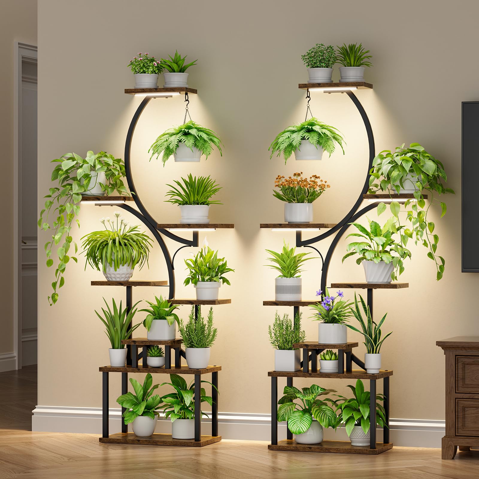 BACEKOLL Plant Stand Indoor with Grow Light - 2 Pack Tall Indoor Plant Shelf, 62" Corner Plant Holder, 8 Tiered Large S-Shape Flower Multiple Display Shelves for Home, Office
