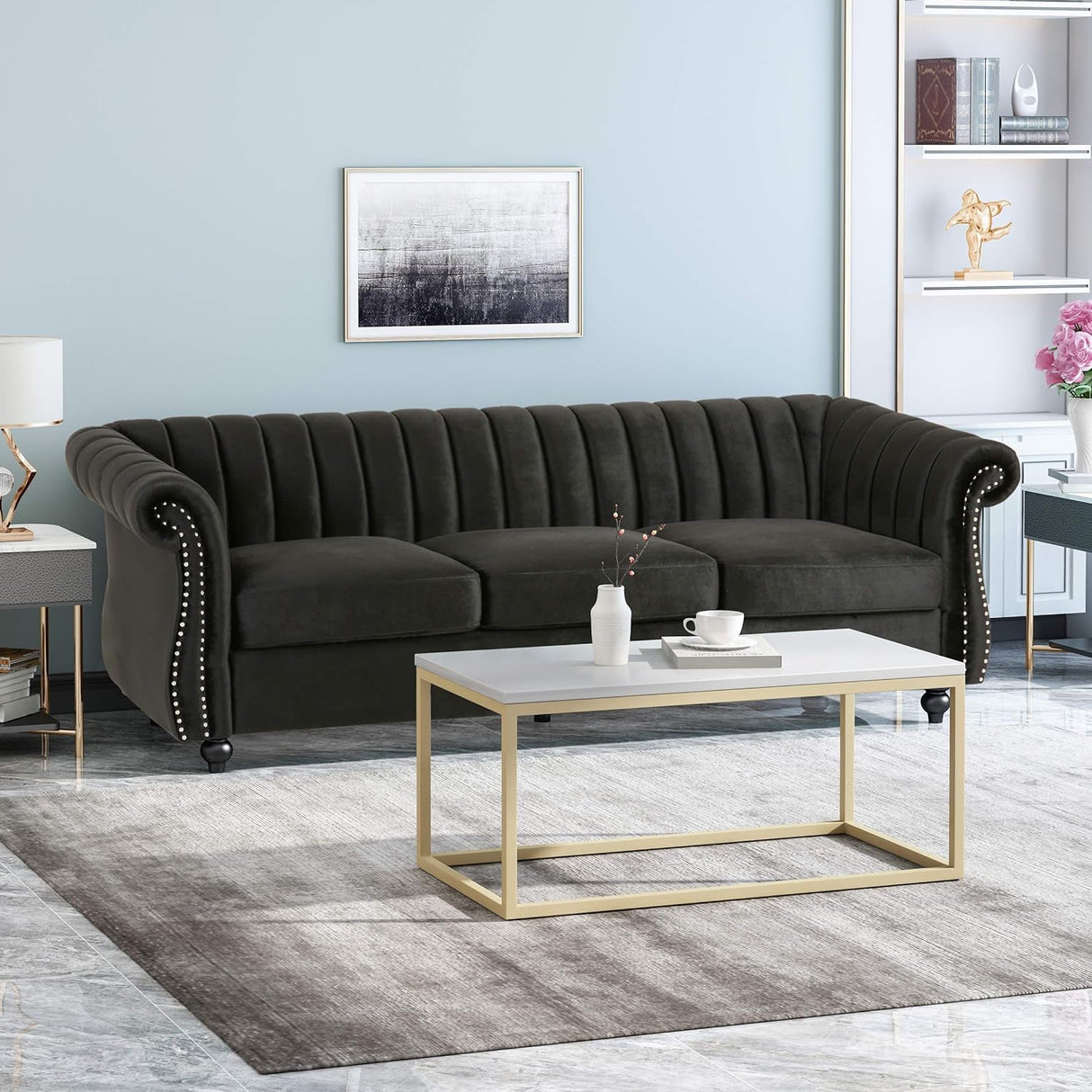 Upholstered Chesterfield Sofa, Classic Retro 3 Seater Rolled Arm Couch for Living Room Bedroom