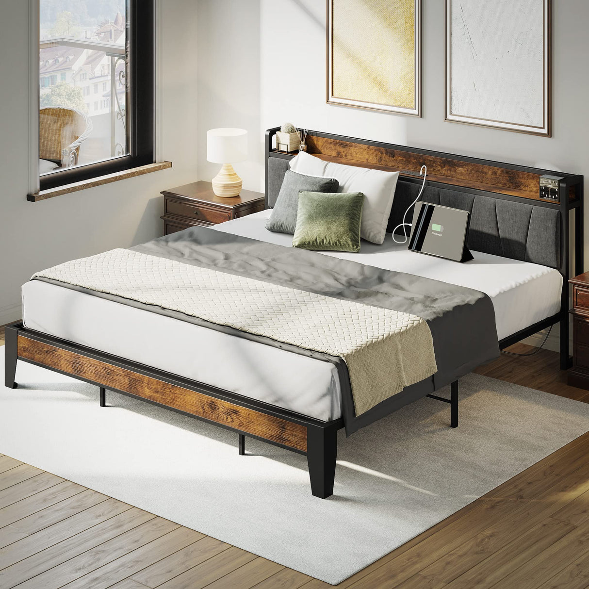 King Size Bed Frame, Storage Headboard with Charging Station, Solid and Stable