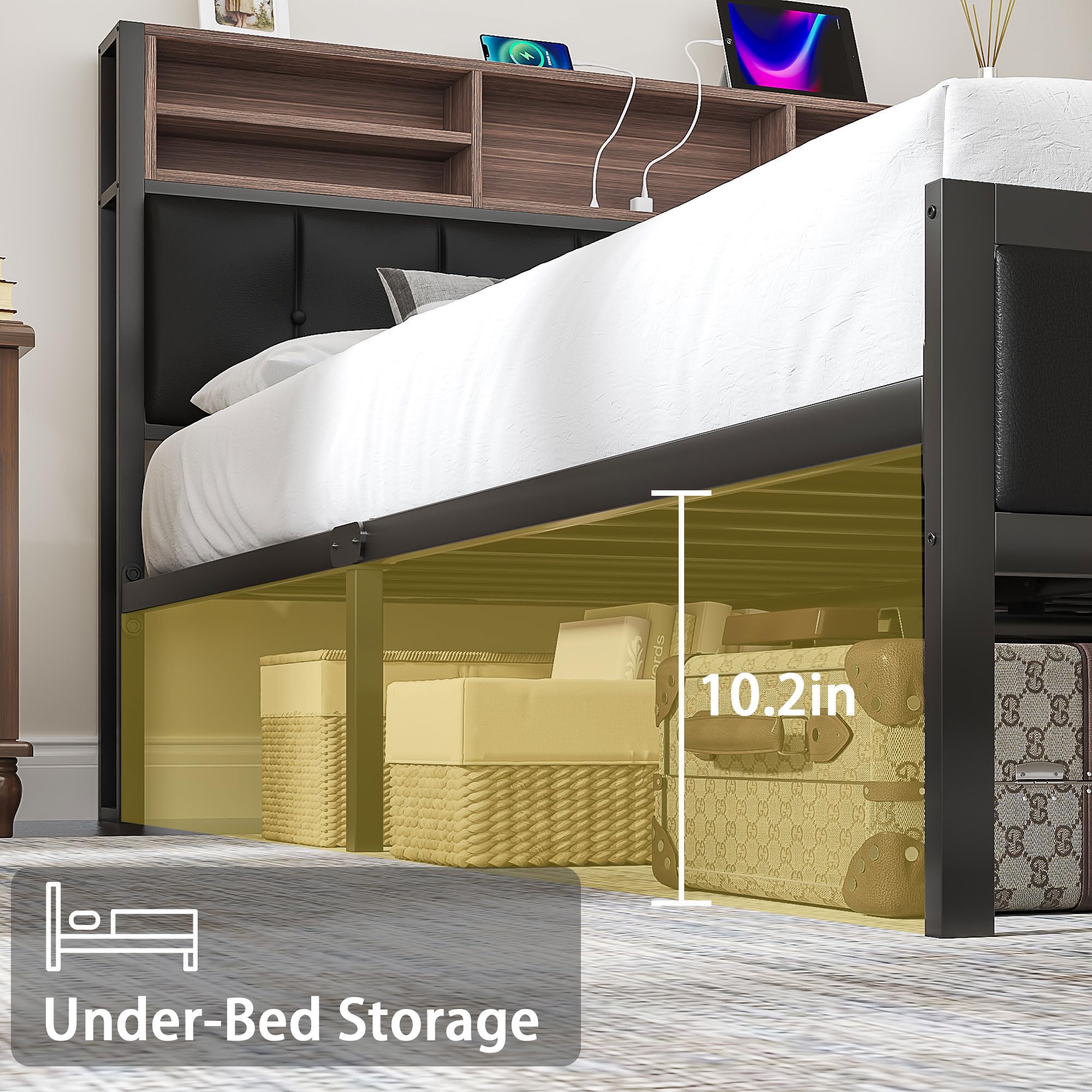 Queen Metal Bed Frame with Wooden Headboard and LED Charging Station