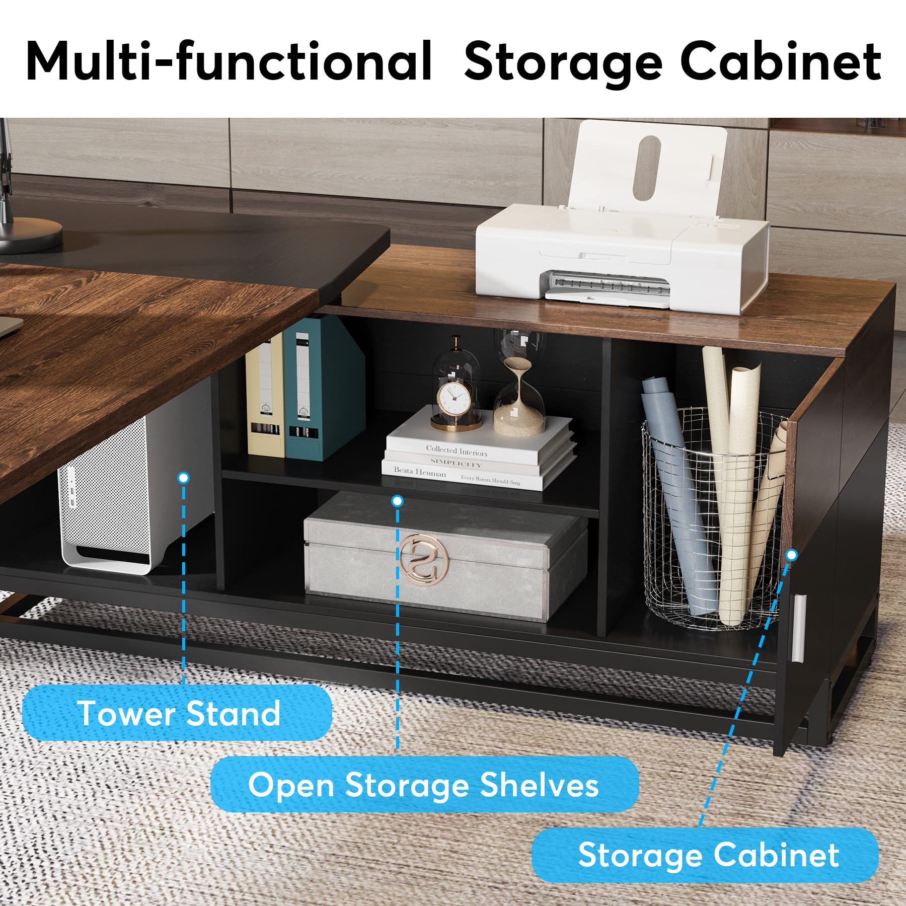 74.8” Executive Desk and 55” Lateral File Cabinet, Large L-Shaped Computer Desk