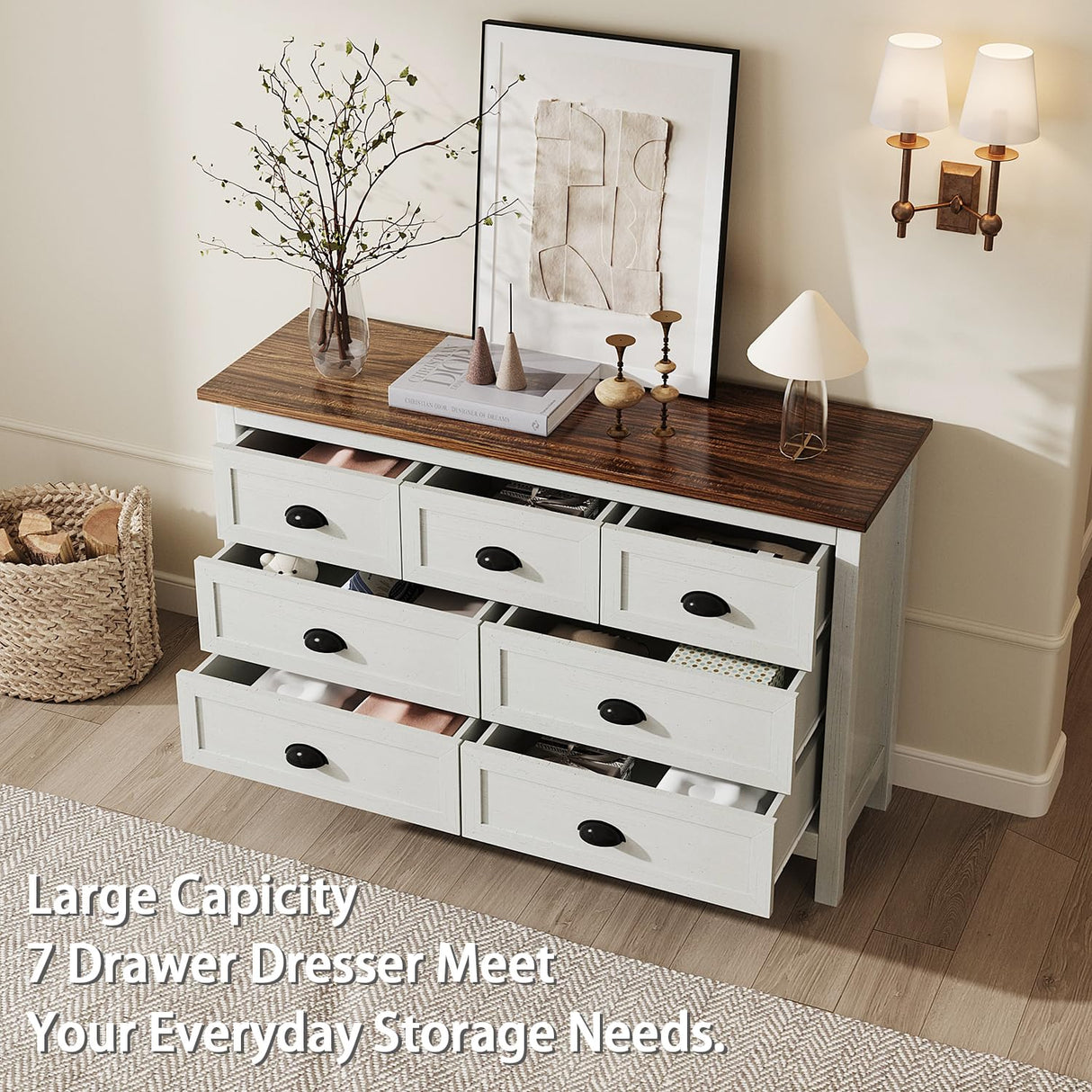 Dresser for Bedroom, Modern White Dresser with 7 Drawers, Wide Chest of Drawers