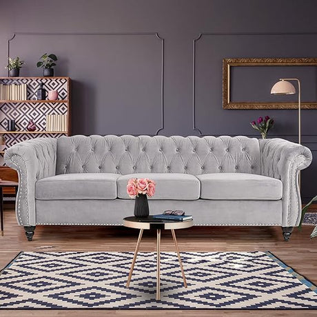 Modern Tufted Couch 3 Seater with Rolled Arms and Nailhead