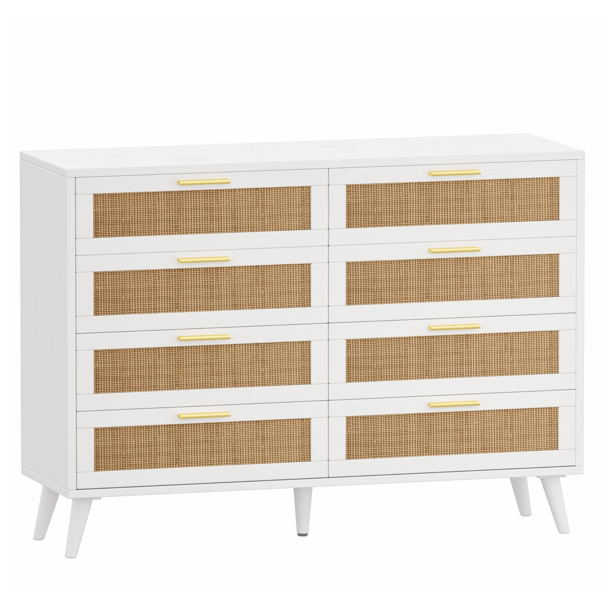 8 Drawer Double Dresser for Bedroom, Rattan Chest of Dressers, Modern Wooden