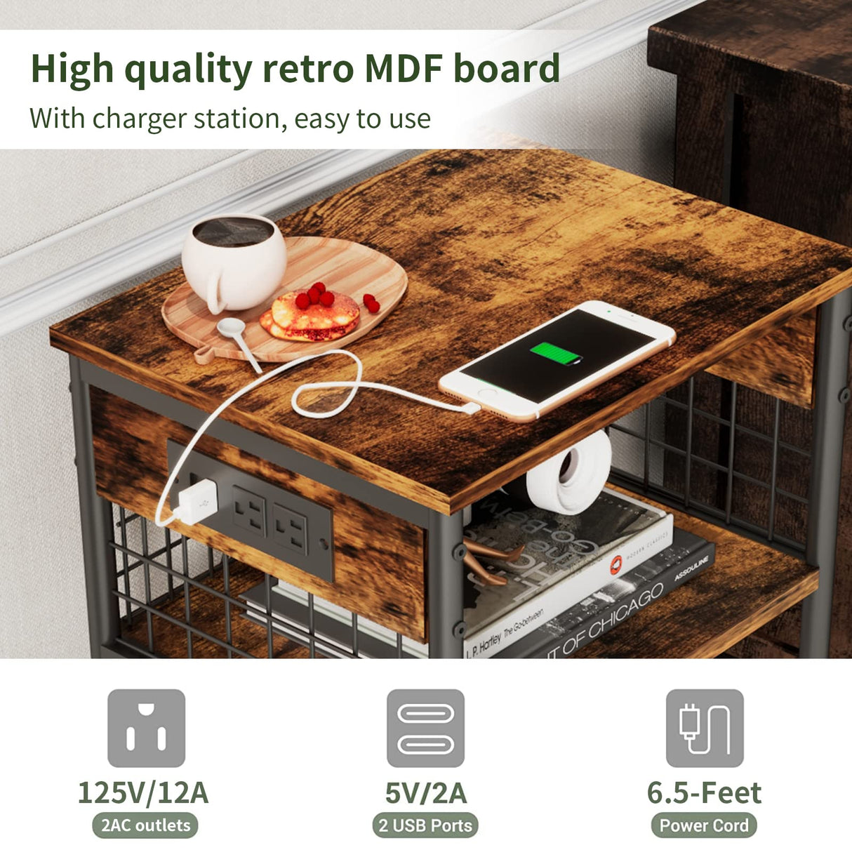 Side Table with Charging Station & USB Ports,3-Tier End Table for Living Room