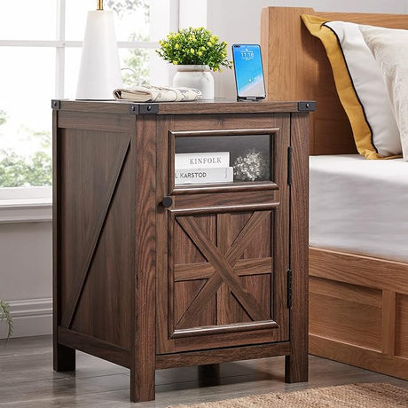 Farmhouse End Table with Charging Station, 18'' Rustic Nightstand