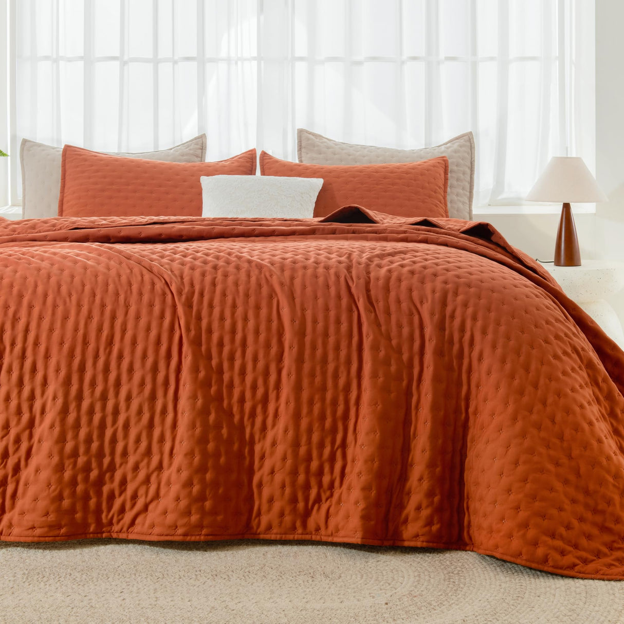 King Size Quilt Bedding Set (106x96 Inch), 3 Pieces Burnt Orange Fall Soft Lightweight