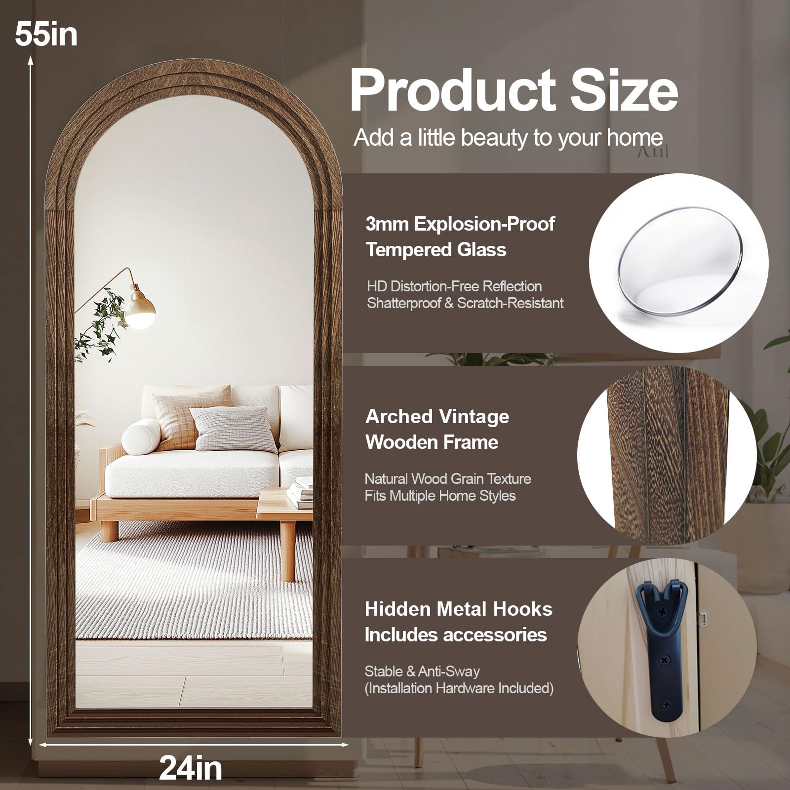 Arched Full Length Mirror with Solid Wood Frame 55x24