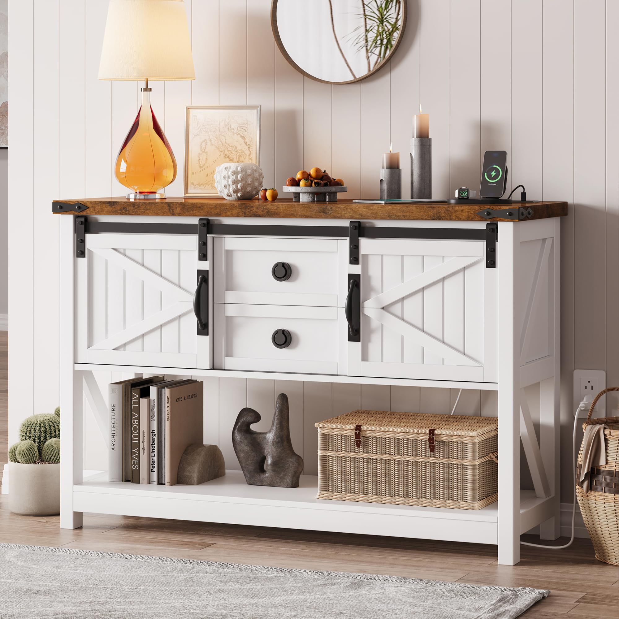Farmhouse Entryway Table w/Type-C Charging Station, Industrial Rustic Console Sofa Table