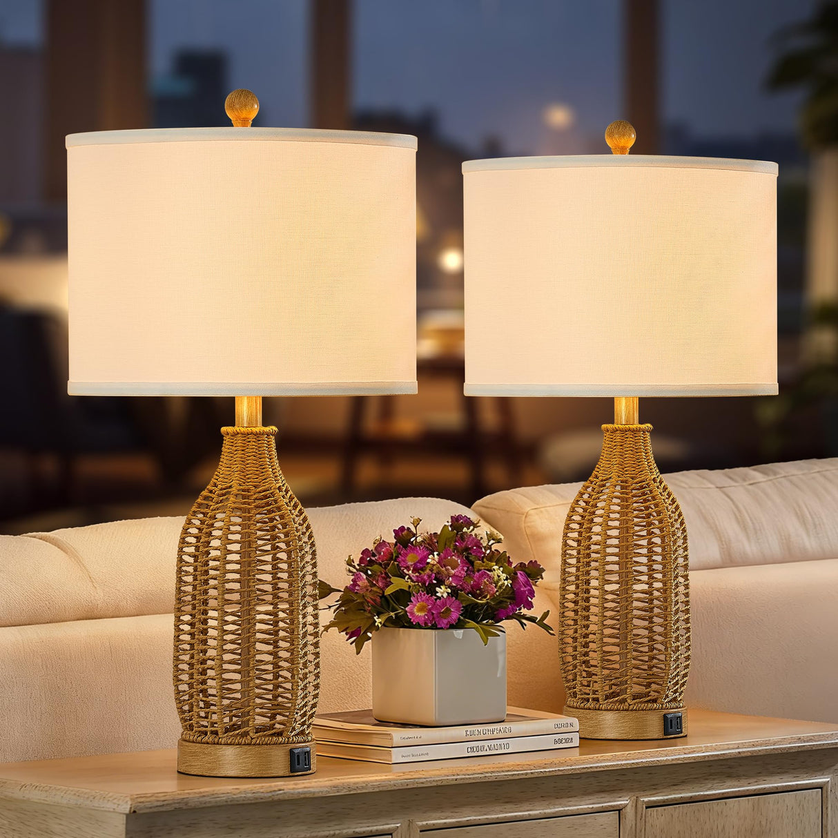 24.5" Rattan Table Lamps Set of 2 with USB Charging Ports
