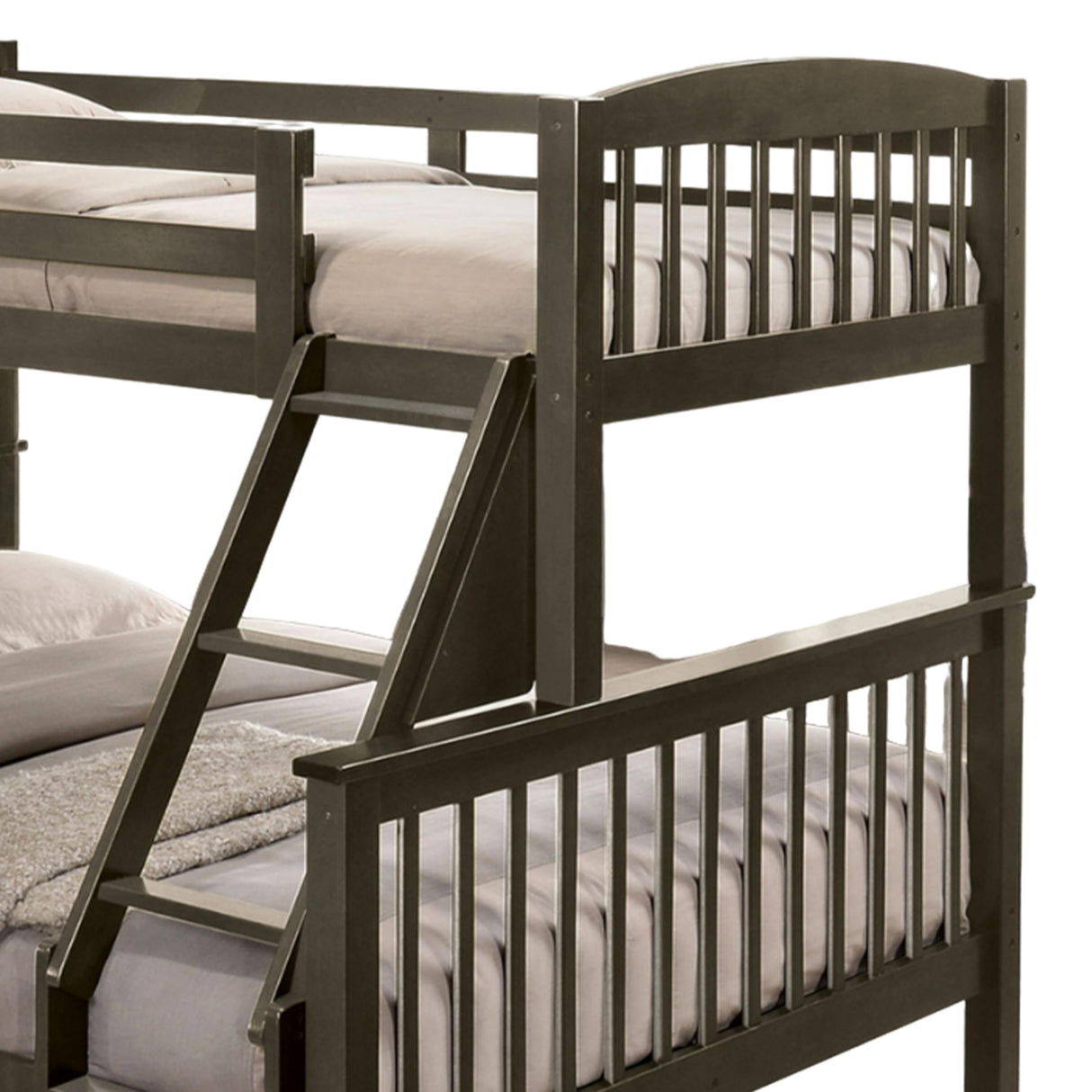 Benjara Bruke Twin/Full Size Bunk Bed with Ladder, Slatted Solid Hardwood, Taupe Gray