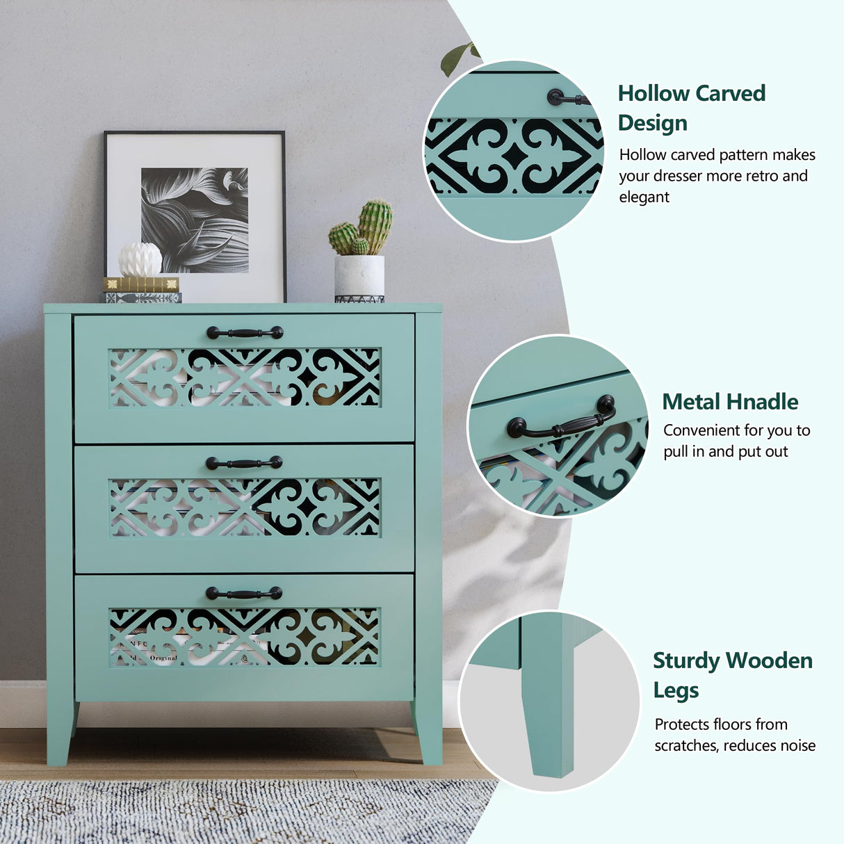 3 Drawers Dresser with Hollow Carving Decoration, Modern Chest of Drawers