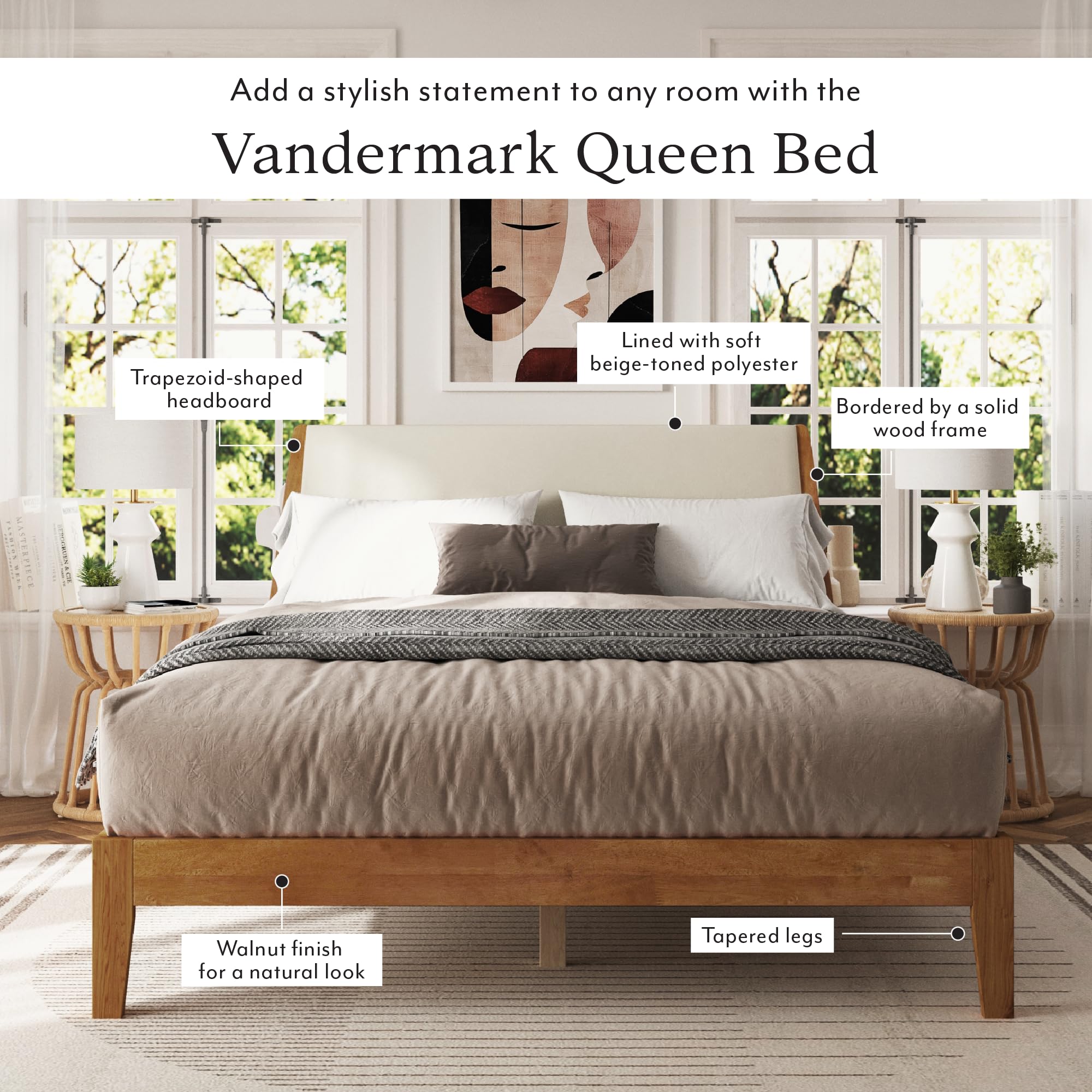 Solid Wood Queen Bed Frame with Headboard - Beige Walnut