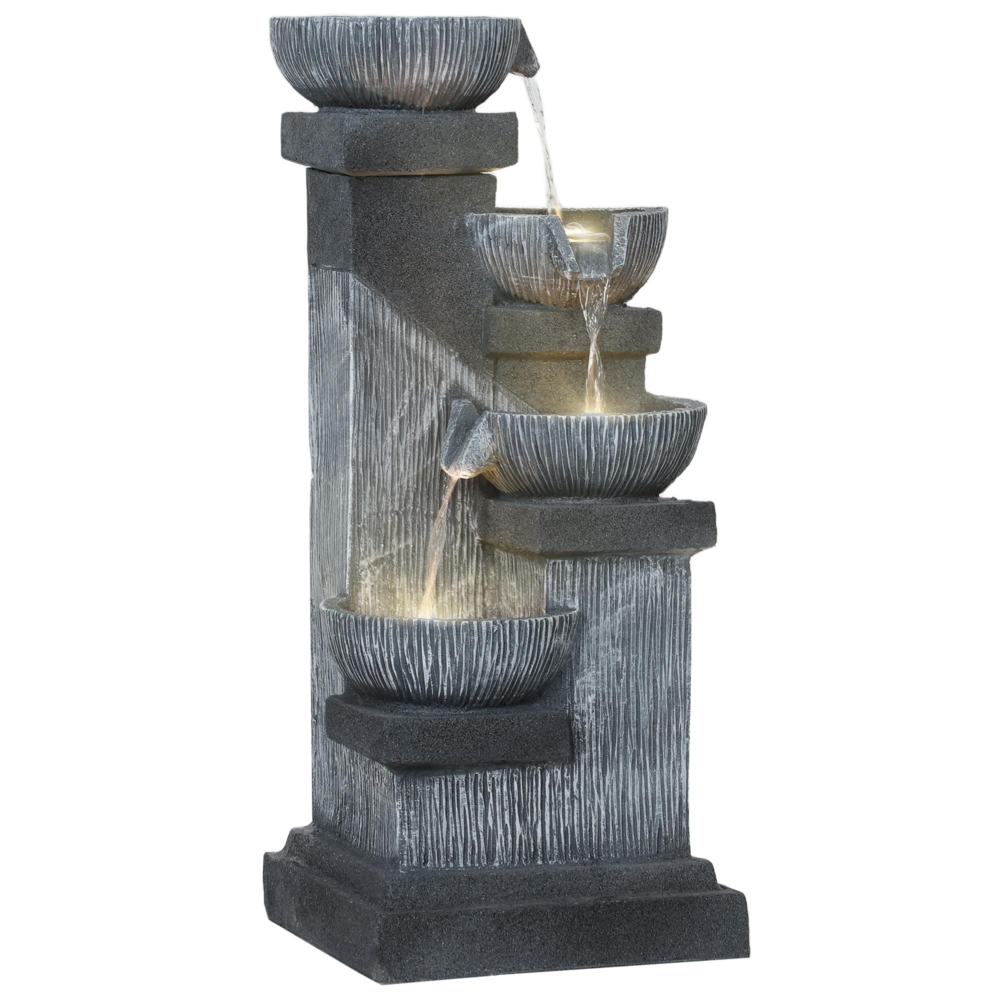 33.5" Tall Outdoor Water Fountain, 4-Tier Floor Standing Resin Cascading Bowls Waterfall