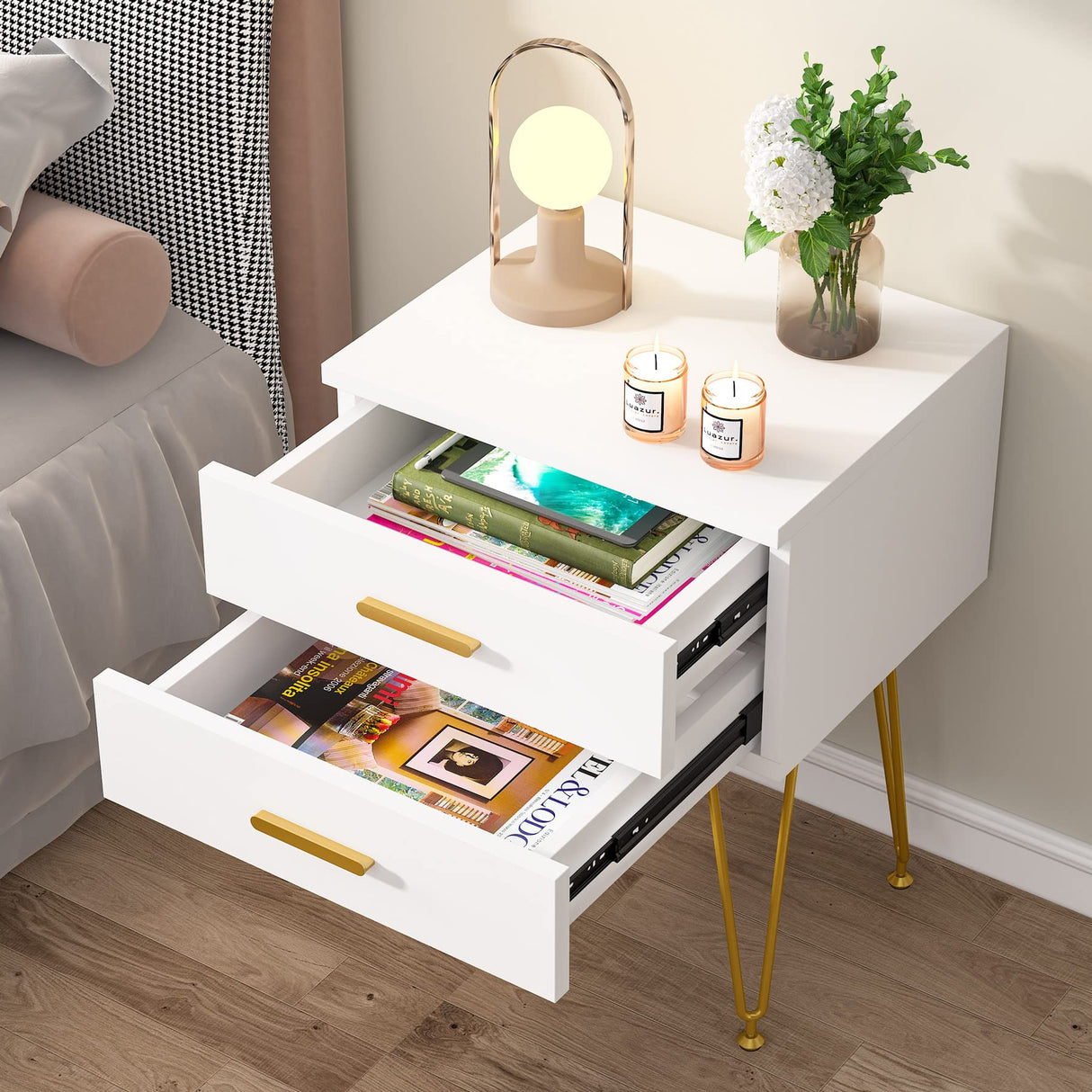 2-Drawer Nightstand Set of 2, White and Gold Bed Side Table with Metal Legs