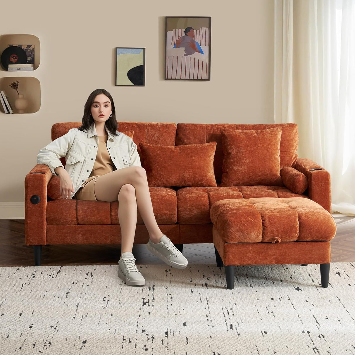 77" L-Shaped Sofa, Loveseat with Ottoman, Chenille Cloud Sofa with Chaise
