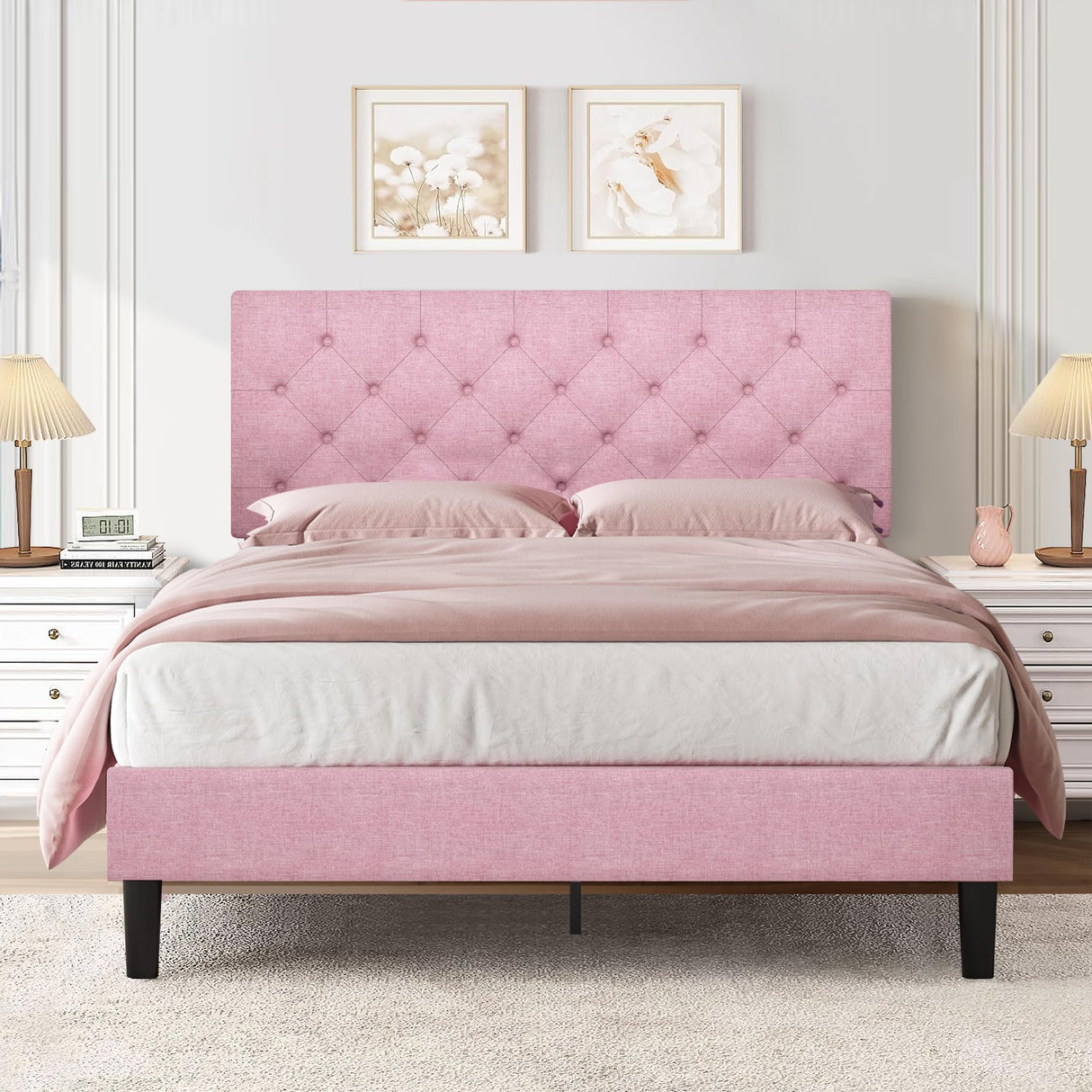 Full Size Bed Frame with Button Tufted Headboard, Linen Upholstered Platform Bed