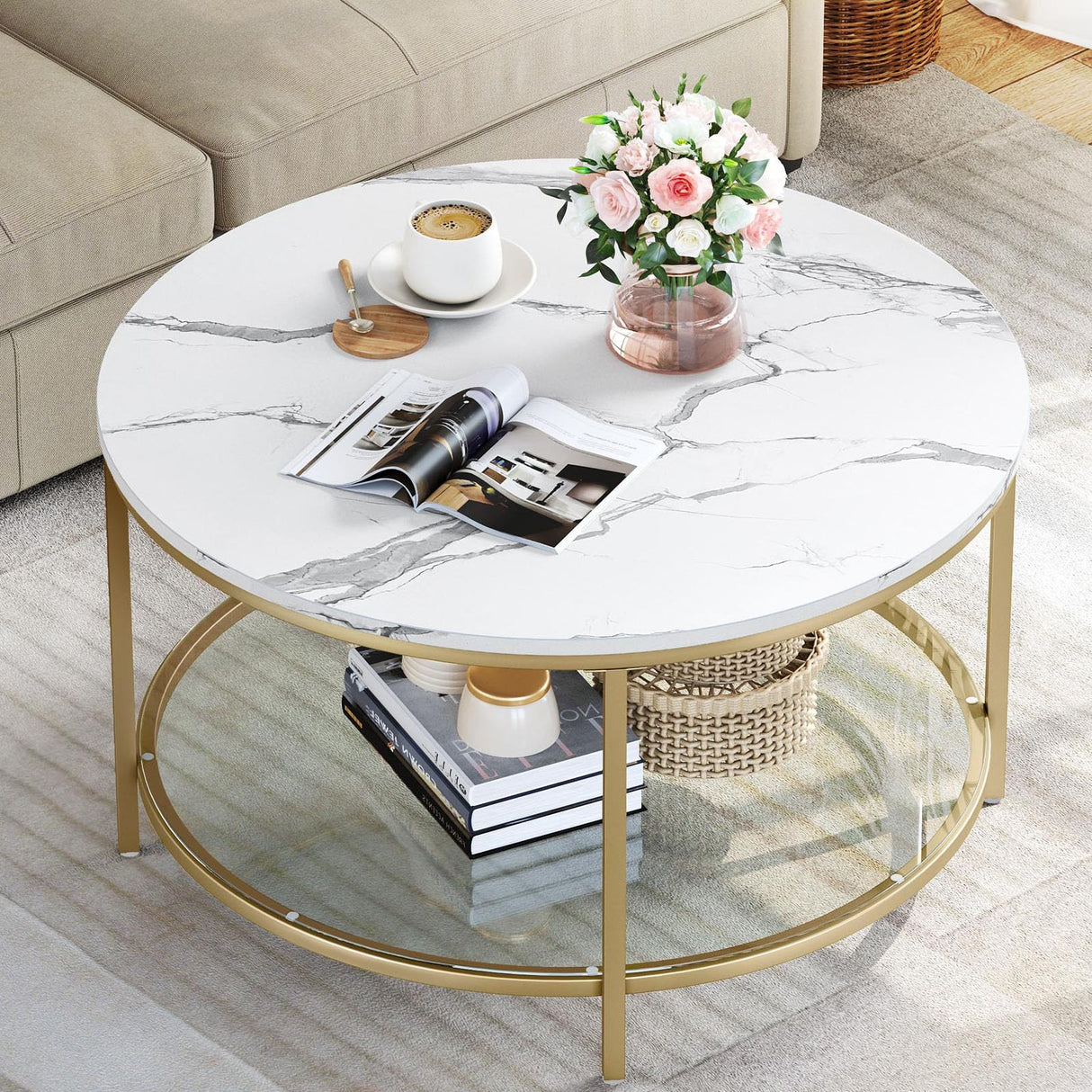 White Marble Round Coffee Table with Glass for Living Room, 2-Tier Circle Coffee Table