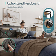LINSY Full Bed Frame with Storage Headboard, Upholstered Platform Frame with LED and Charging Station, Metal Full Size Bed Frames, No Box Spring Needed, Easy Assembly, Rustic Grey