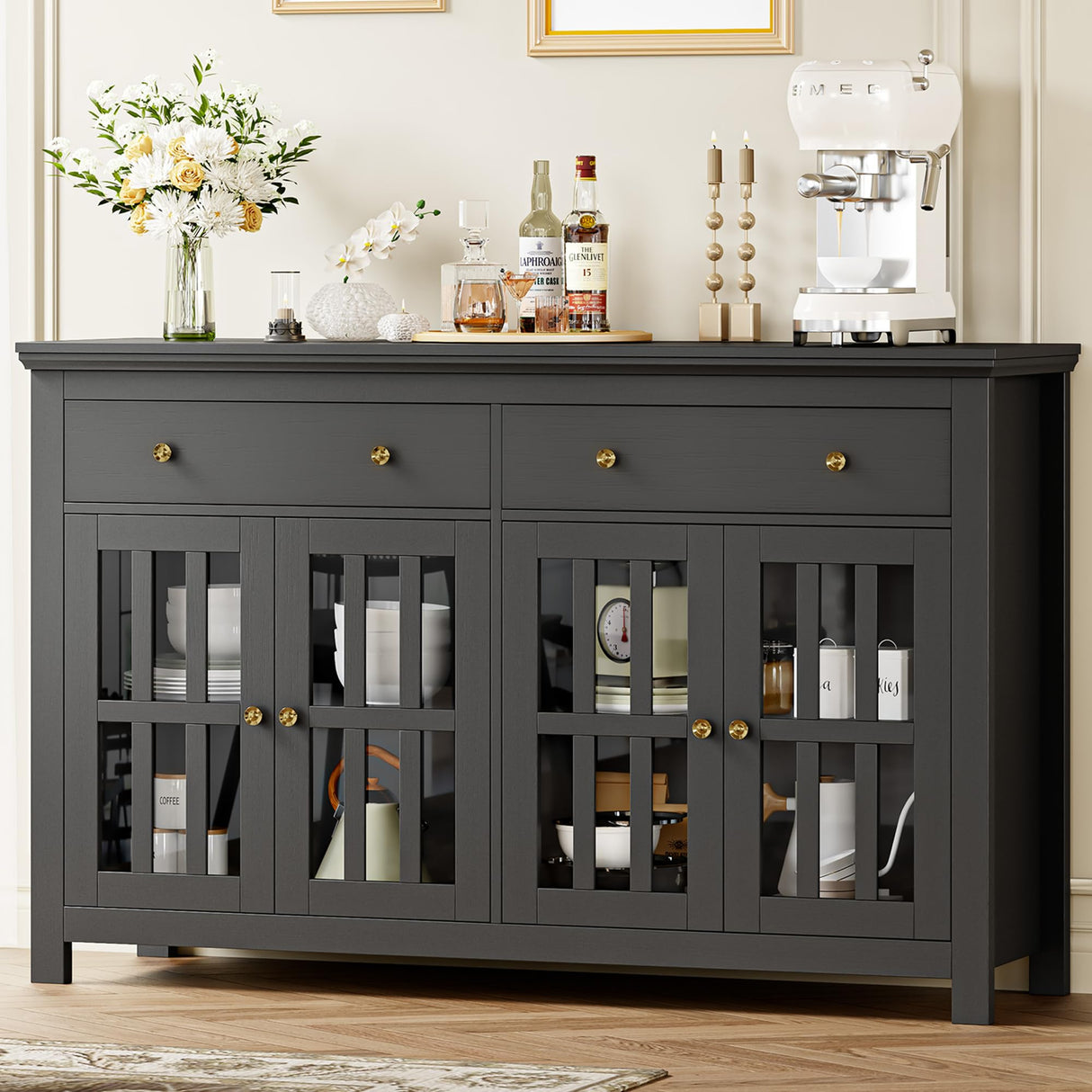 Black Buffet Cabinet with Storage, 55.1" Large Kitchen Cabinet Sideboard Cabinet