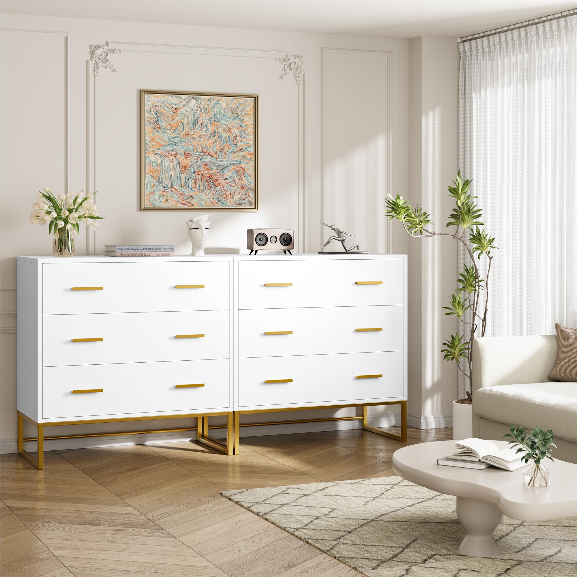 White Dresser with 3 Drawers, White Gold Dresser