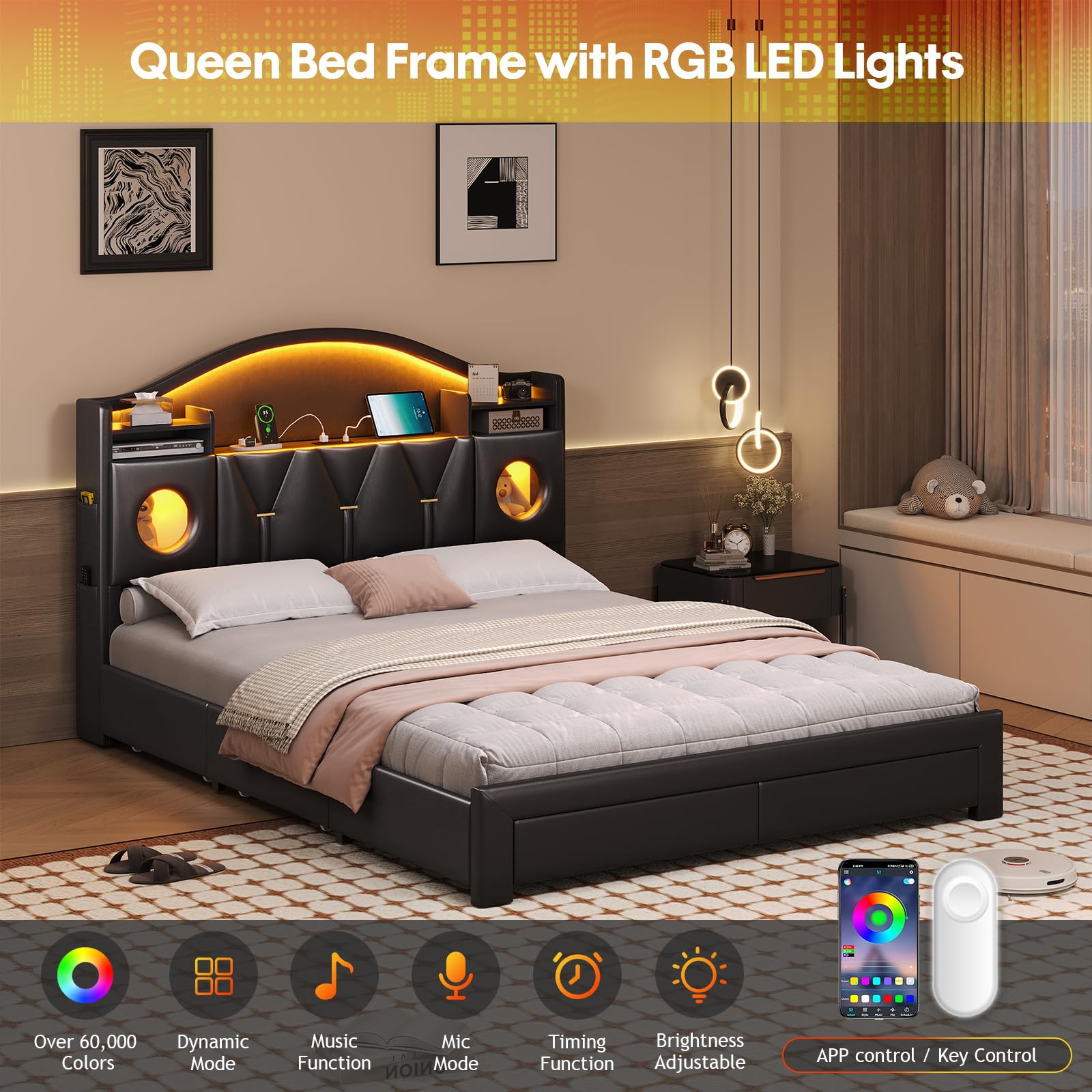 Queen Bed Frame with Storage Headboard and 6 Drawers